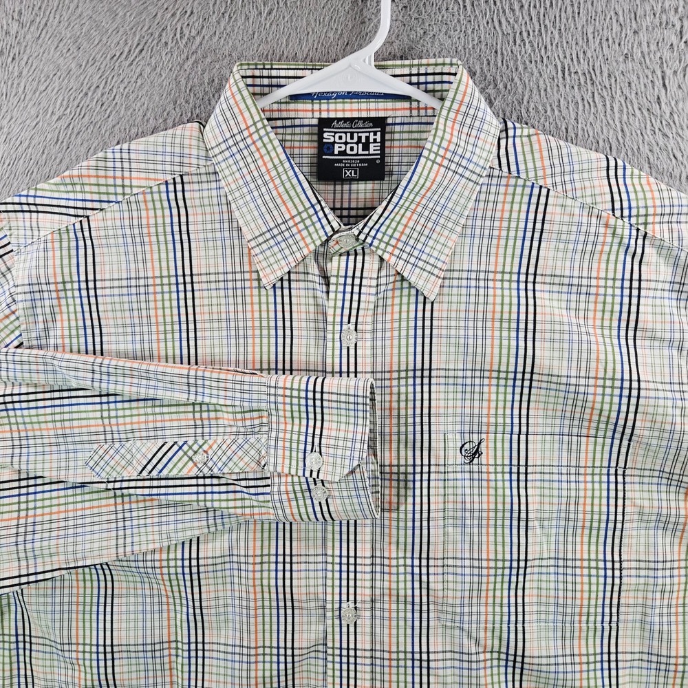 Southpole Mens XL Plaid Button Down Shirt Long Sleeve Cotton White Multi